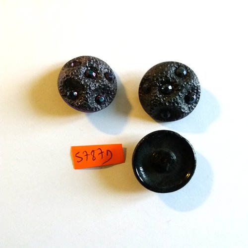 3 boutons en verre noir + cabochon avec reflet violet - 27mm - vintage - 5787d