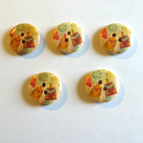 5 boutons avec des chouettes en bois - multicolore - 20mm - f15