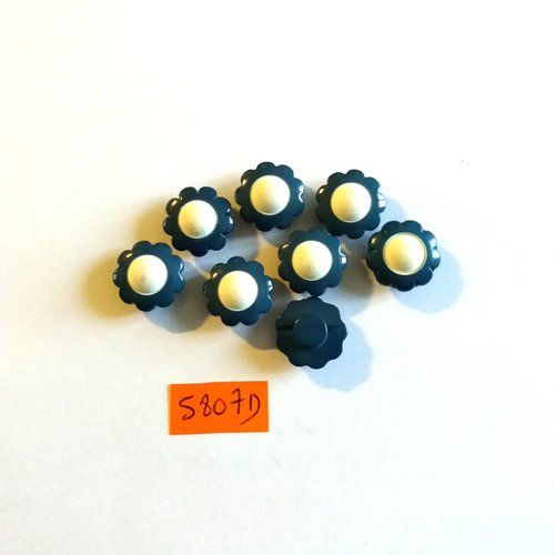 8 boutons en résine bleu foncé et blanc ( fleur) - vintage - 14mm - 5807d