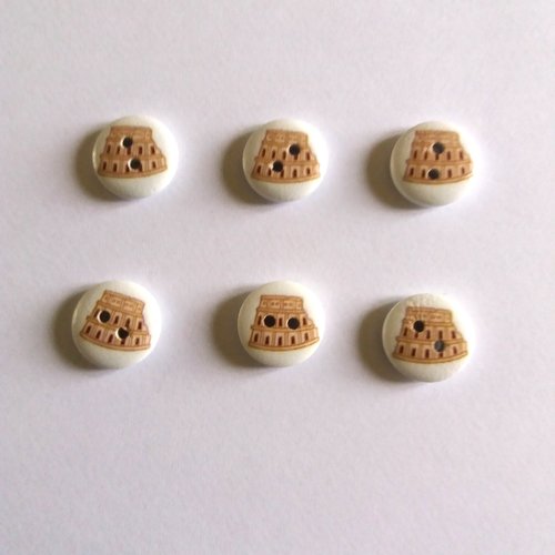 6 boutons en bois le colisée - fond blanc et marron - 15mm