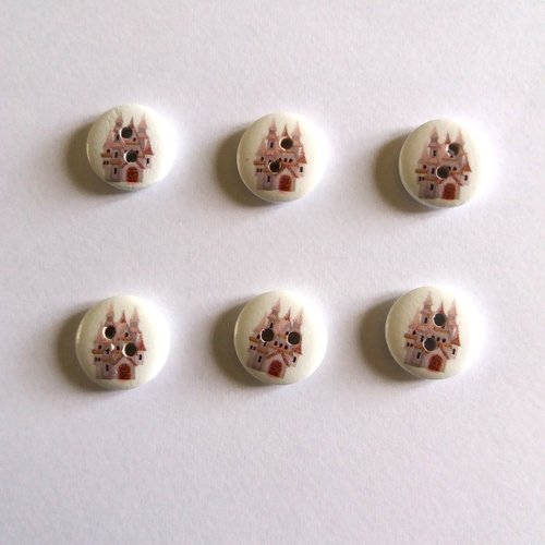 6 boutons en bois - un chateau - rose pale - 15mm