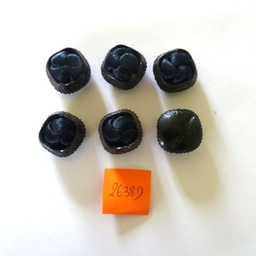 6 boutons en résine marron et tissu bleu - vintage - 21mm - 2638d
