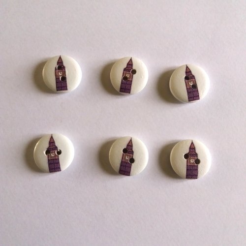 6 boutons en bois - big ben - violet et fond blanc - 15mm