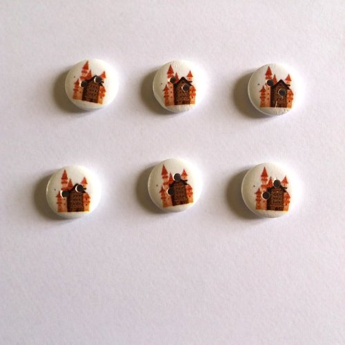 6 boutons en bois - un chateau - marron et orange - 15mm