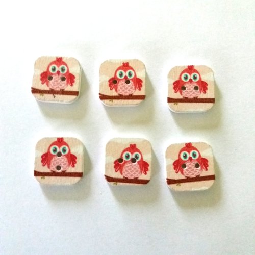 6 boutons en bois - chouette - rose et rouge clair - 15x15mm - f15