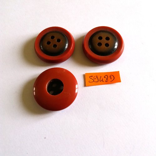 3 boutons en résine rouge et noir - vintage - 31mm - 5948d