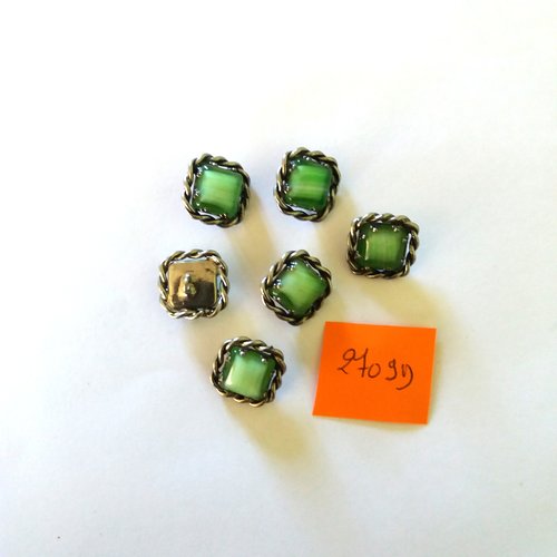 6 boutons en résine vert et métal argenté - vintage - 15x15mm - 2709d