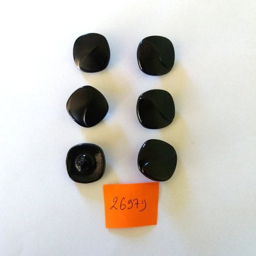 6 boutons en verre noir - vintage - 21x21mm - 2697d