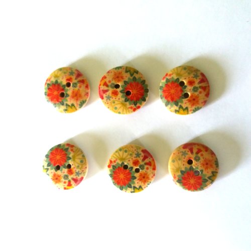 6 boutons en bois - des fleurs multicolores - 18mm - f12