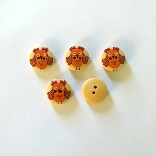 5 boutons en bois - une chouette - orange - 18mm - f14
