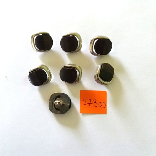 7 boutons en résine argenté et bois marron - vintage - 17mm - 5730d