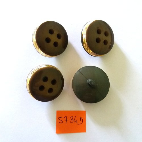 4 boutons en résine dessous gris et vert et métal doré - vintage - 29mm - 5734d