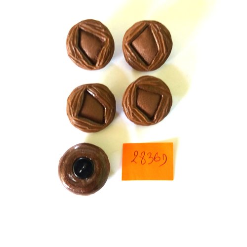 5 boutons en résine et cuir marron - vintage - 23mm - 2836d