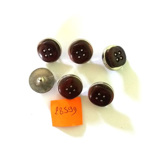 6 boutons en résine marron et  métalargenté - vintage - 18mm - 2859d