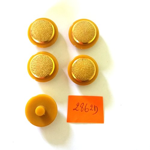 5 boutons en résine ocre et  métal doré - vintage - 23mm - 2862d