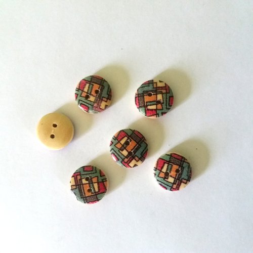 6 boutons en bois multicolore - 15mm 