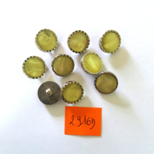 9 boutons en résine argenté et jaune/vert - vintage - 15mm - 2916d