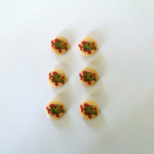 6 boutons en bois - un poisson - vert et marron - 15mm 