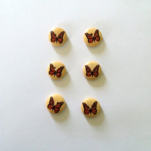 6 boutons papillons en bois - orange et noir - 15mm