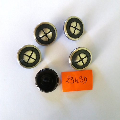 5 boutons en métal argenté et noir - vintage - 23mm - 2943d