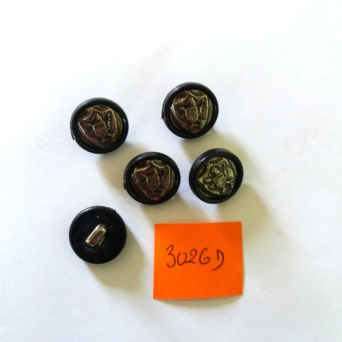 5 boutons en résine argenté et noir - vintage - 16mm - 3026d