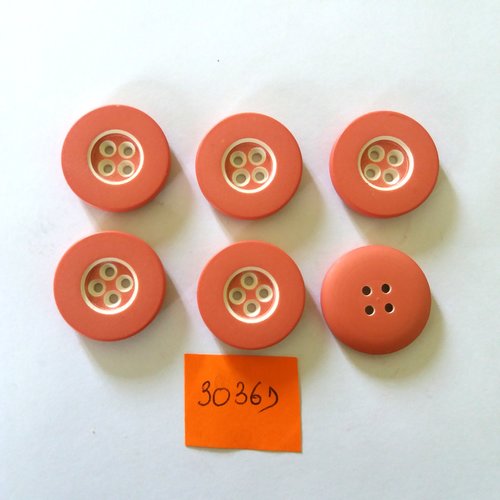 6 boutons en résine saumon foncé et blanc - vintage - 22mm - 3036d