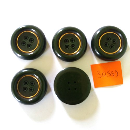 5 boutons en résine vert avec un liserai doré - vintage - 30mm - 3055d