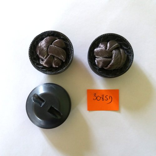 3 boutons vintage en résine et passementerie gris - 34mm - 3085d