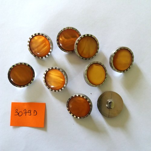 9 boutons vintage en résine argenté et orange - 18mm - 3079d
