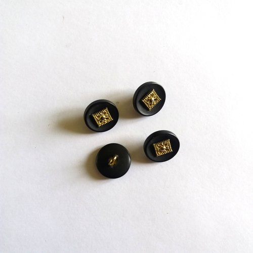 4 boutons en résine noir et métal doré - ancien - 15mm - 111mp