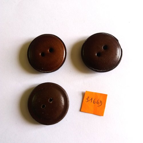 3 boutons en cuir marron foncé - vintage - 35mm - 3164d