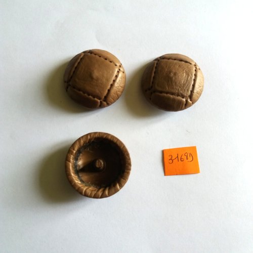 3 boutons en cuir marron foncé - vintage - 34mm - 3168d