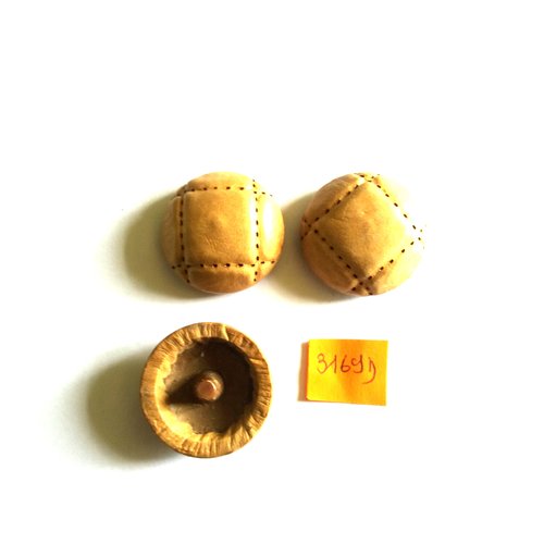 3 boutons en cuir beige clair - vintage - 27mm - 3169d