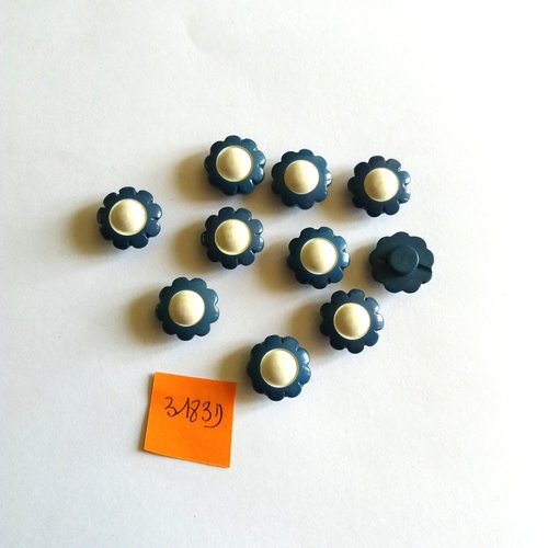 10 boutons en résine bleu et blanc - vintage - 13mm - 3183d