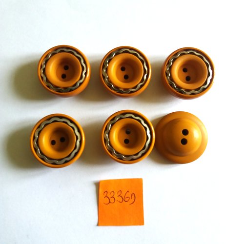 6 boutons en résine caramel et métal argenté - vintage - 23mm - 3336d