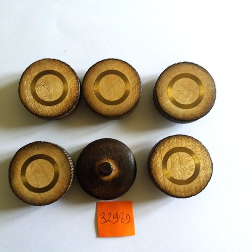 6 boutons en bois marron avec inclusion métal doré - vintage - 34mm - 3298d