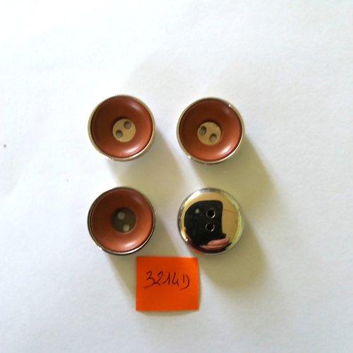 4 boutons en résine marron et métal argenté - vintage - 23mm - 3214d