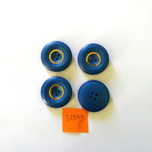 4 boutons en résine bleu avec un liserai doré - vintage - 27mm - 3237d