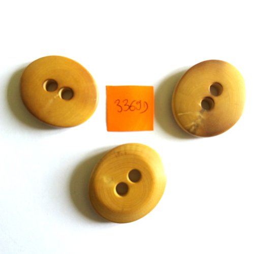 3 boutons en bois vernis marron - vintage - 30x34mm - 3369d