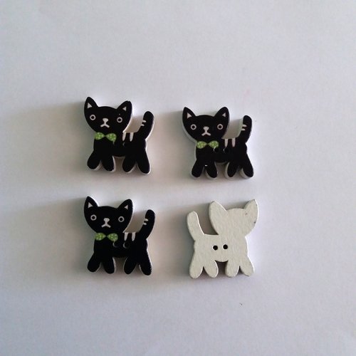 4 boutons en bois noir et blanc - un chat - 24x25mm - f2