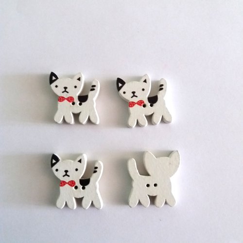 4 boutons en bois blanc avec une oreille noir - un chat - 24x25mm - f2