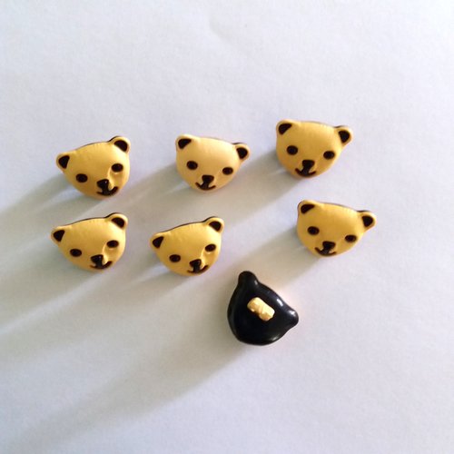 7 boutons en résine jaune et noir (tete d'ours) - 16x13mm - f3 
