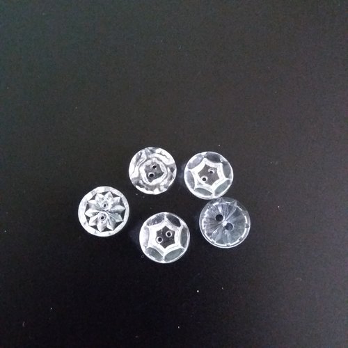 5 boutons en verre transparent - ancien - 14mm - 385mp
