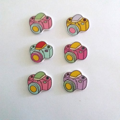 6 boutons en bois multicolore (appareil photo) - 23x24mm