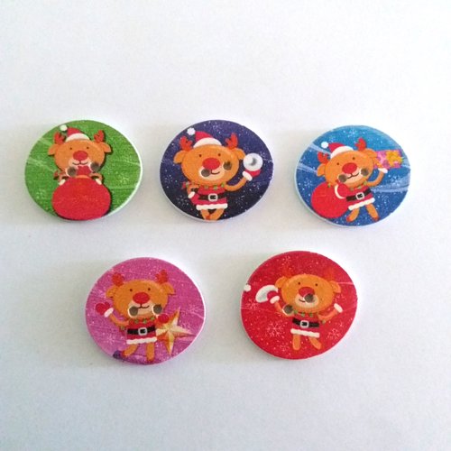 5 boutons en bois (un ours) - multicolore - 22x25mm