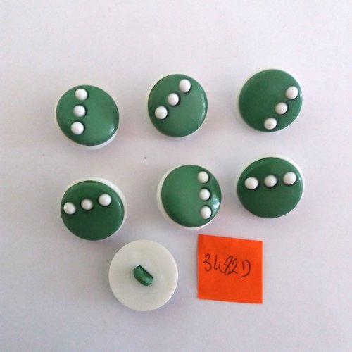 7 boutons en résine blanc et vert - vintage - 19mm - 3482d