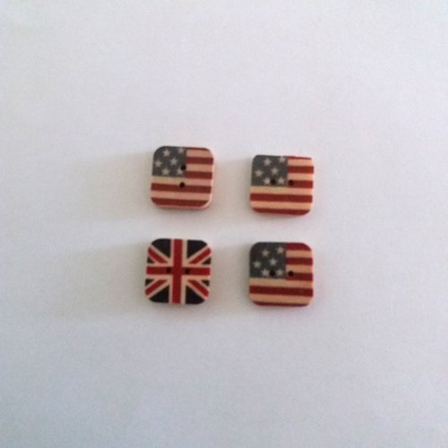 4 boutons en bois drapeaux etas-unis et anglais - 15x15mm - f5