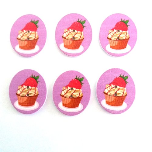 6 boutons fantaisies en bois cupcake fond mauve avec une fraise rouge - 26x30mm - 10