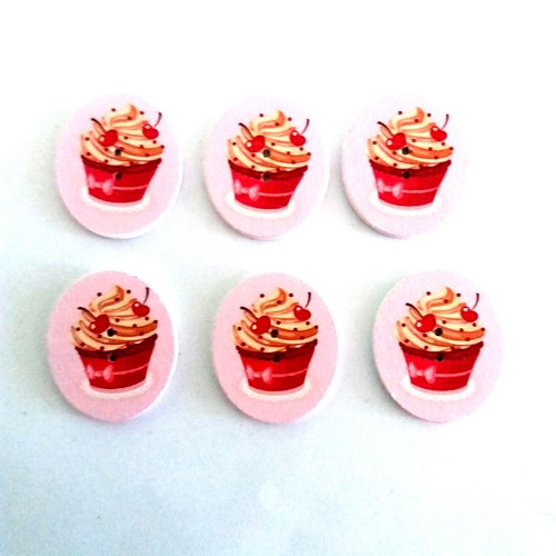 6 boutons fantaisies en bois cupcake fond rose avec des cerises rouge - 26x30mm - 10