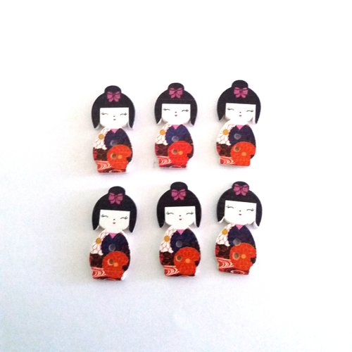 6 boutons en bois poupée geisha - bleu foncé et orange - 15x30mm - f2